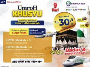 Umrah Khusu’, Umrah Plus Badar ,Plus Kereta Cepat,  9 hari, Btt – KUT, keberangkatan 08 Oktober 2025